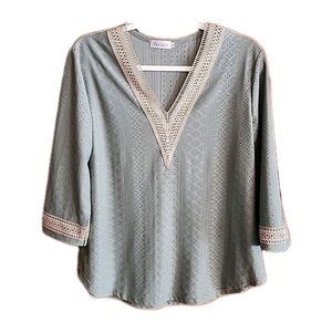 LIOFOER Women's Sage Eyelet 3/4 Sleeve Shirt V-Neck, Lace Design Trim, M A1